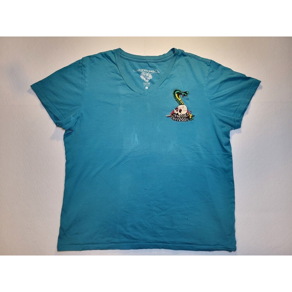 Ed Hardy Cobra Rose Skull Embroidered V-Neck Teal Double-sided Womans Large